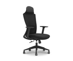 an office chair with black fabric upholstered to the back and arms, viewed from the front