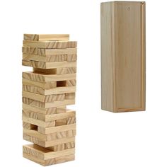 a stack of wooden blocks next to a box