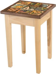 a small wooden table with a mosaic design on the top