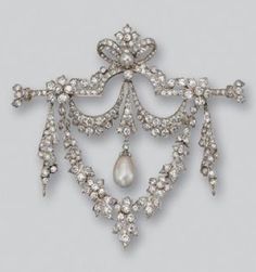 DIAMOND AND NATURAL PEARL BROOCH, TIFFANY & CO., CIRCA 1900. Designed as swags of floral garlands and ribbons set with numerous old European-cut diamonds, weighing a total of approximately 8.50 carats, supporting a natural pearl drop measuring approximately 12.6 by 8.4 by 7.5 mm., capped by rose-cut diamonds, the top accented with a button pearl, mounted in platinum and gold, signed Tiffany & Co. Bijoux Art Nouveau, Edwardian Jewelry, Royal Jewels, Grand Palais, Pearl Brooch, Royal Jewelry, Deco Jewelry, Natural Pearl, Victorian Jewelry