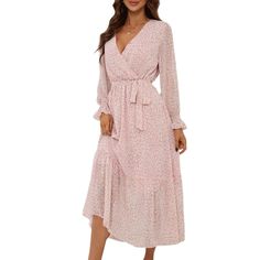 Pink Floral Print V Neck Long Sleeve Swing Dress Pink Chiffon Dress For Fall, Feminine V-neck Winter Dress, Feminine Long Sleeve Maxi Dress For Day Out, Feminine Fall Dress With Surplice Neckline, Pink V-neck Winter Midi Dress, Pink Winter V-neck Midi Dress, Feminine Fall Chiffon Midi Dress, Pink Long Sleeve Chiffon Midi Dress, Feminine Chiffon Midi Dress For Fall