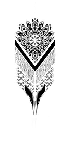 an artistic black and white drawing of a bird's wing with intricate designs on it