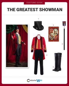 costume guide for the greatest showman from charlie west in red and black outfit with top hat