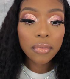 Glitter Make Up Looks For Black Women, Pink Makeup Looks Rhinestones, Pink And Gold Makeup Looks Black Women, 19th Birthday Makeup Ideas, White Glitter Makeup Looks, Glitter Birthday Makeup, Pink Birthday Makeup For Black Women, Light Pink Makeup Looks Black Women, 16 Makeup Ideas