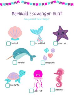 a printable mermaid scavenger hunt with sea animals and other items on it