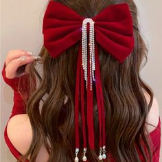 Super Cute And Stylish Ships In 5-10 Business Days Jingle Bell Hair Bow, Hair Accessories For Christmas, Red Christmas Hair Bow, Nutcracker Hair Accessories, Elegance Hair, Red Hair Clips, Wine Red Hair, Elegant Ponytail, Diy Hair Accessories Ribbon