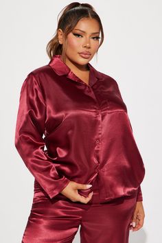 Available In Burgundy And Copper. Fit Runs Small, Recommended To Size Up 2 Piece PJ Set Collared Button Down Top Long Sleeve Front Pocket Matching Pant Drawstring Waistband Non Stretch Final Sale 100% Polyester Imported | Pillow Fight Satin PJ Pant Set in Burgundy size 3X by Fashion Nova Pj Pant, Burgundy Fashion, Satin Pajama, Sweater Jumpsuit, Pajama Pant, Pj Pants, Jean Top, Pj Sets, Drawstring Pants