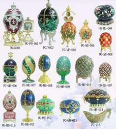 many different types of faber eggs in various colors and designs, all with gold trimmings