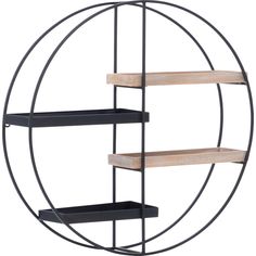 an iron and wood circular shelf unit with three shelves on each side, in the shape of a circle