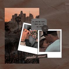 a collage of photos with the words paradise avenue written on them and an image of a man kissing a woman