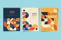 three annual report covers with abstract shapes on blue and yellow background, one is for the annual