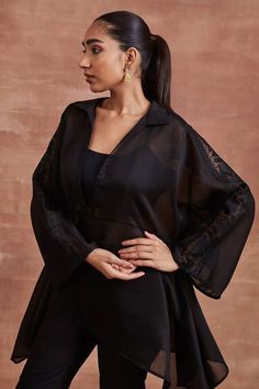 Black handwoven kaftan style top, adorned with tonal aari embroidery motifs. Comes with an inner and pant. - Aza Fashions Aari Embroidery Motifs, Kaftan Top, Kaftan Style, Aari Embroidery, Embroidery Motifs, Co Ord Set, Embroidered Silk, Co Ord, Set For Women