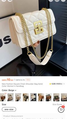 a white purse with gold hardware on the front, and an instagram post about it