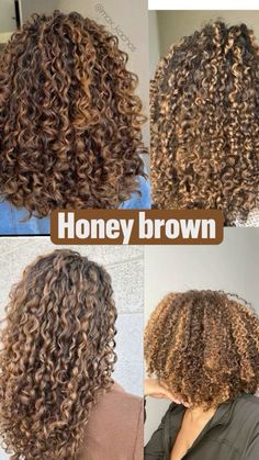 Unique Highlights Curly Hair, Honey Brown On Natural Hair, Brown Hair Colors With Highlights Curly, Light Brown Hair Black Women Curls, Honey Brown Hair Color Curly Hair, Curly Honey Blonde Highlights, Mixed Curly Hair Blonde, Honey Brown On Black Women, Hair Color Idea For Curly Hair