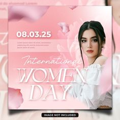 the international women's day flyer is displayed in front of a woman with flowers