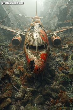 an old airplane sitting in the middle of a forest filled with leaves and moss covered rocks