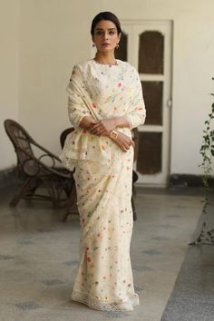 Buy Ivory Saree Kota Print And Embroidery Floral Gule Aftab With Blouse For Women by Begum Pret Online at Aza Fashions. Ivory Saree, Print And Embroidery, Floral Print Sarees, Floral Saree, Kota Sarees, Modern Saree, Sari Blouse Designs, Unique Blouse Designs, Stylish Blouse Design