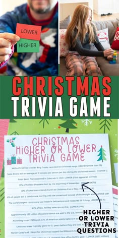 the christmas trivia game is being played by two adults and one child, with an adult