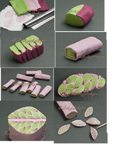 the process of making fondant leaves is shown in several different stages, including pink and green