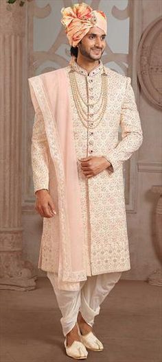 Beige and Brown, Pink and Majenta color Sherwani in Brocade fabric with Sequence, Thread work Luxury White Sherwani With Gota Work, Luxury Pink Sherwani With Pallu, Zardozi Work, Wedding Sherwani, Wedding White, Reception Wedding, Bugle Beads, Brocade Fabric, Thread Work