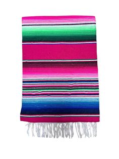 a pink, blue and green blanket with fringes on the ends is shown against a white background