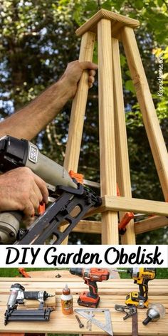 a man working on a wooden ladder with drill and screwdrivers attached to it