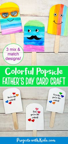 Popsicle card craft for Father's Day using printable templates and colorful watercolor paint. Easy Popsicles, Kids Fathers Day Crafts, Diy Father's Day Crafts, Fathersday Crafts, Easy Fathers Day Craft, Fathers Day Art, Father's Day Activities, Popsicle Crafts, Toddler Art Projects