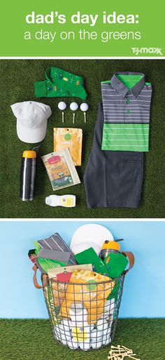 the cover of dad's day idea a day on the greens with golf equipment