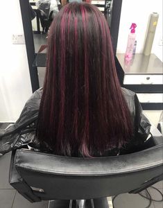 Dark Pink Streaks In Black Hair, Subtle Purple Highlights For Dark Hair, Pink Hilights Hair, Striped Dyed Hair, Magenta Highlights On Dark Hair, Black Hair With Pink Streaks, Red Stripes Hair, Black Hair Pink Highlights, Pink Highlights In Black Hair