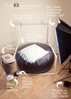 a black bean bag sitting on top of a wooden floor next to a white blanket