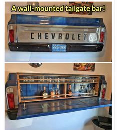 an old chevy truck has been converted into a bar for the wall mounted tailgate bar