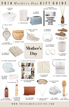 the mother's day gift guide for moms is shown in this graphic style