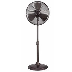 an industrial style fan on a stand with the blades down and one arm extended up