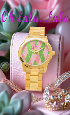 Trendy Pink and Green Gold Argyle Monogram Watch