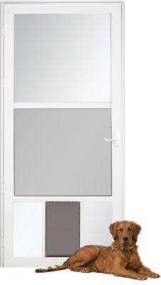 a brown dog laying in front of a white door with two panes on it