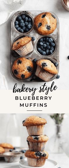 blueberry muffins stacked on top of each other in a muffin tin