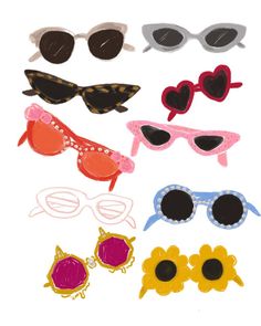 several pairs of sunglasses with different shapes and colors on the lens, each one in different shades