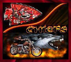 the kansas chiefs are riding their motorcycles in front of a fire and flames background with an image of a man on a motorbike