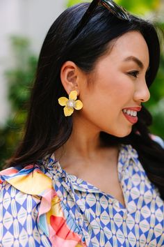 These earrings are just so cute! That pearl center surrounded by those little rhinestones are the perfect combination! These beauties are going to look fab with so many outfits this summer! Elegant Yellow Flower Earrings For Summer, Chic Yellow Earrings For Spring, Chic Yellow Earrings For Summer, Elegant Yellow Earrings For Spring, Chic Summer Flower Earrings, Cute Yellow Earrings For Spring, Cute Spring Party Earrings, Spring Party Cute Earrings, Many Outfits