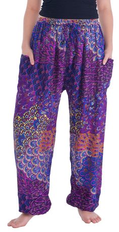 These cute peacock printed drawstring pants are handmade with rayon fabric which make them super comfy to wear. They have an comfortable elastic waist and ankles. Also drawstring with pants colors. The two pockets are good size enough to fit an iPhone 7. These trousers are are perfect for relaxing at home, working out, yoga running, beachwear and general casual wear. Also recommended for Thai massage, dance and festivals. Lannaclothesdesign products are uniquely designed and latest fashion trend Thailand Pants, Peacock Pants, Striped Harem Pants, Flowy Clothing, Plus Size Bohemian, Yoga Trousers, Thai Clothes, Purple Peacock, Boho Yoga