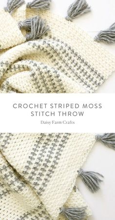 crochet striped moss stitch throw with text overlay