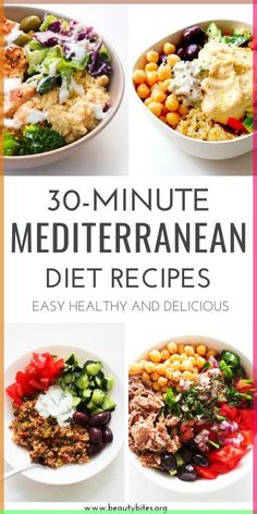 the cover of 30 minute mediterraneann diet recipes, with pictures of different foods in bowls