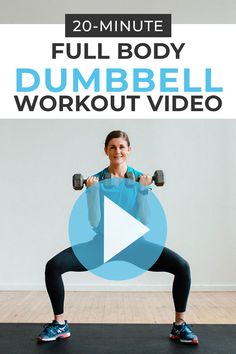 a woman doing the full body strength and hit workout video with text overlay that reads 20 - minute full body strength and hit workout video