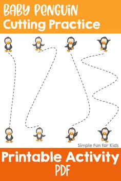 the penguin cutting practice for children to learn how to cut and draw with this printable activity