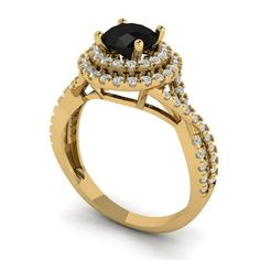 a yellow gold engagement ring with an oval cut black diamond surrounded by small white diamonds