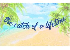 a beach scene with palm trees and the words, be catch of a life time