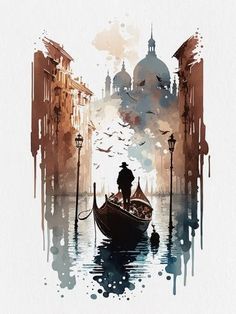 a watercolor painting of a man on a gondola in venice, italy