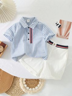 2pcs/Set Young Boys' Casual And Sporty Colorful Striped Trim Short Sleeve Shirt With Lapel And White Shorts With Striped Trim For Daily Wear, School, Sports, Spring And Summer Seasons Multicolor Casual  Short Sleeve Woven Fabric Geometric  Non-Stretch  Young Boys Clothing, size features are:Bust: ,Length: ,Sleeve Length: Boys Short Sleeve Shirts, Short Blanc, Boys Set, Casual Stripes, Boys Casual, Summer Season, Short Sleeve Shirt, Daily Wear, White Shorts