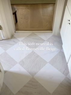 a white and black checkered floor in a bathroom next to an open door with the words, this soft metal is called bonnie