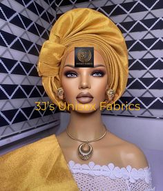 aso oke auto gele, detailed aso oke  This item is made with aso oke,  Auto gele ( ready to wear headgear)  and ipele  shoulder Available in your preferred color  NOTE: the color maybe slightly different because of your device. 2 of this Autogele for $240 feel free to leave us message for any 2 colors of your choice or same color for the 2 Autogele. WHOLESALE PRICES: *Autogele:  $100 minimum order of 6 Autogeles .You can mix colours and styles  *Autogele and Ipele : 20%off regular price. Minimum Auto Gele Styles For Asoebi, Aso Oke Gele Styles, Elegant Yellow Party Headwrap, Fitted Yellow Turban, Elegant Yellow Turban For Party, Autogele Styles, Auto Gele Styles, Gele Styles For Asoebi, Nigerian Gele